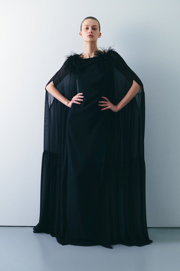 Feather Detailed 2 in 1 Cape Long Dress