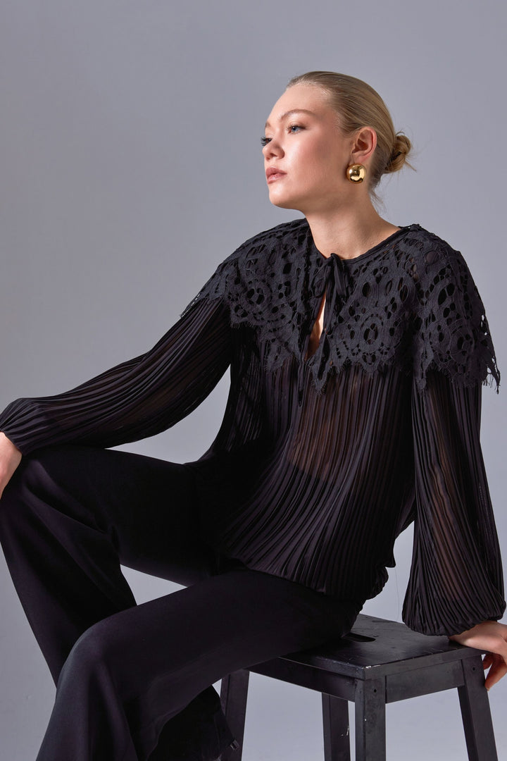 Pleated Blouse with Lace Detail