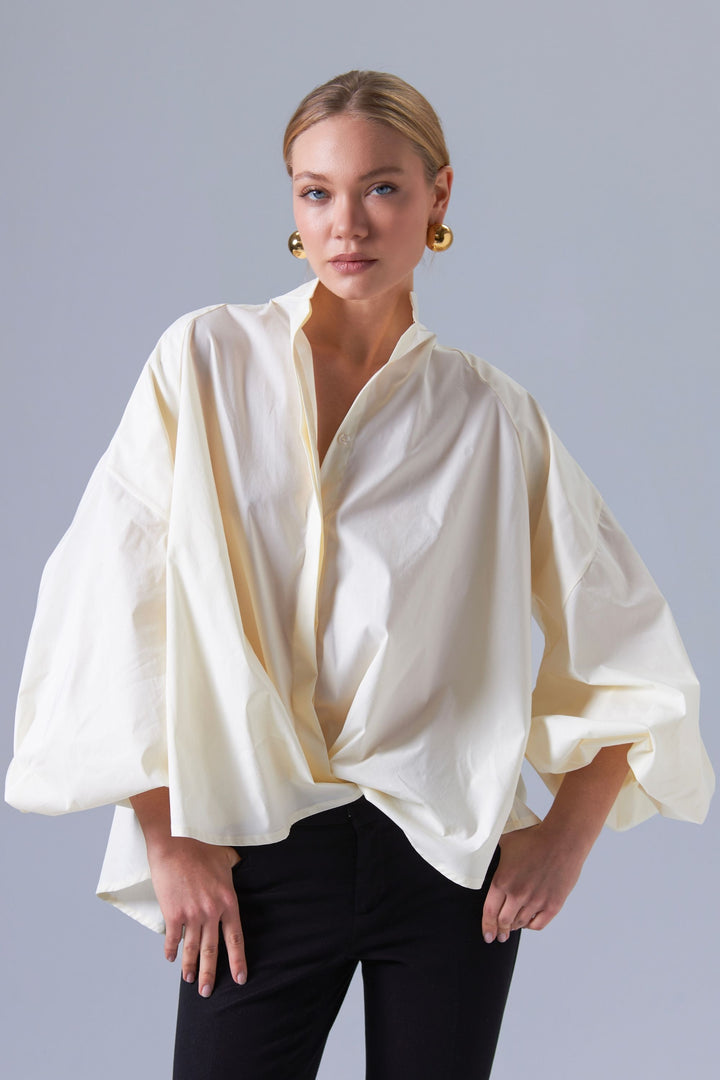 Balloon Sleeves Mandarin Collar Shirt