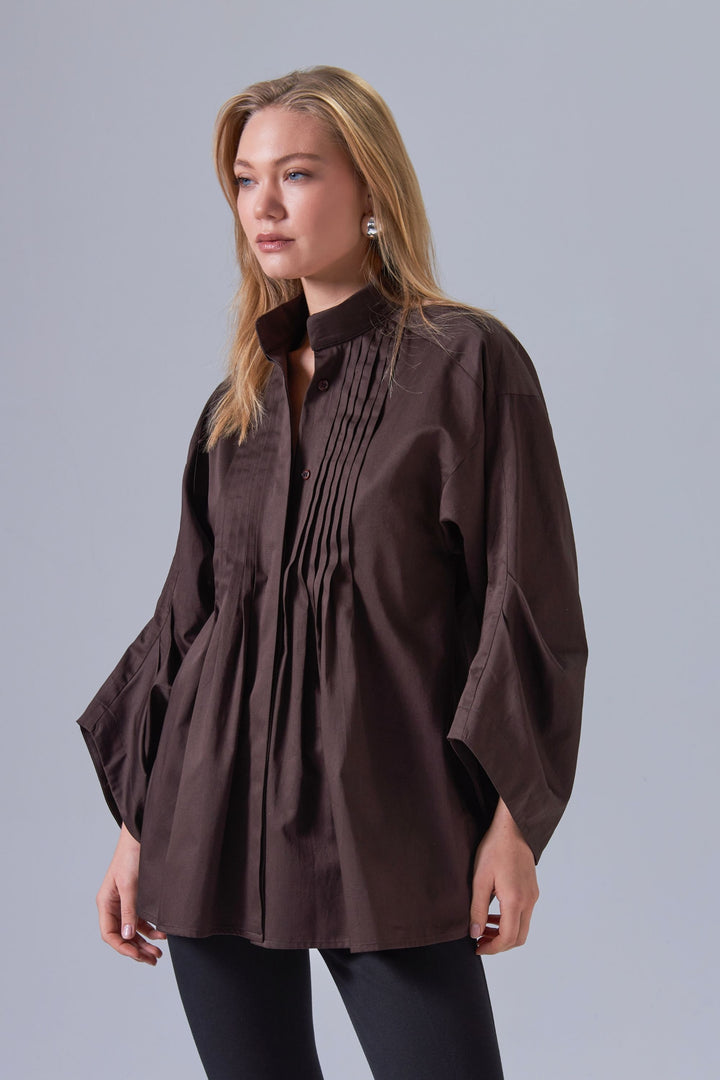 Pleated Detail Wide Sleeve Mandarin Collar Shirt