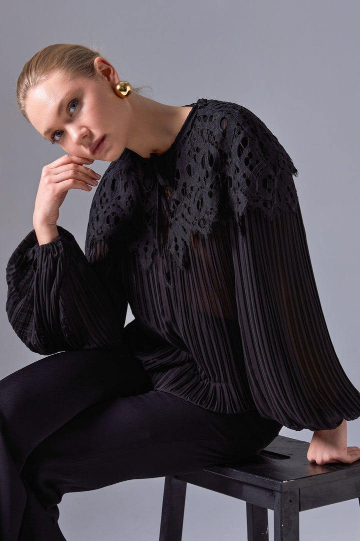 Pleated Blouse with Lace Detail