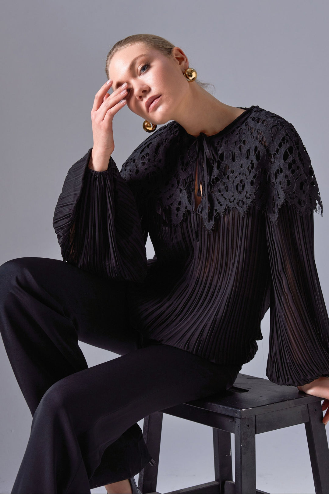 Pleated Blouse with Lace Detail