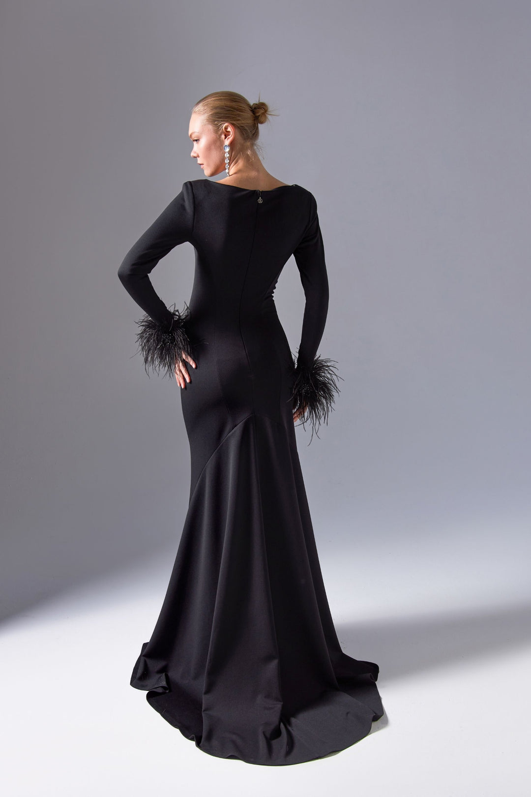 Long-Sleeved Train Dress with Feather Details