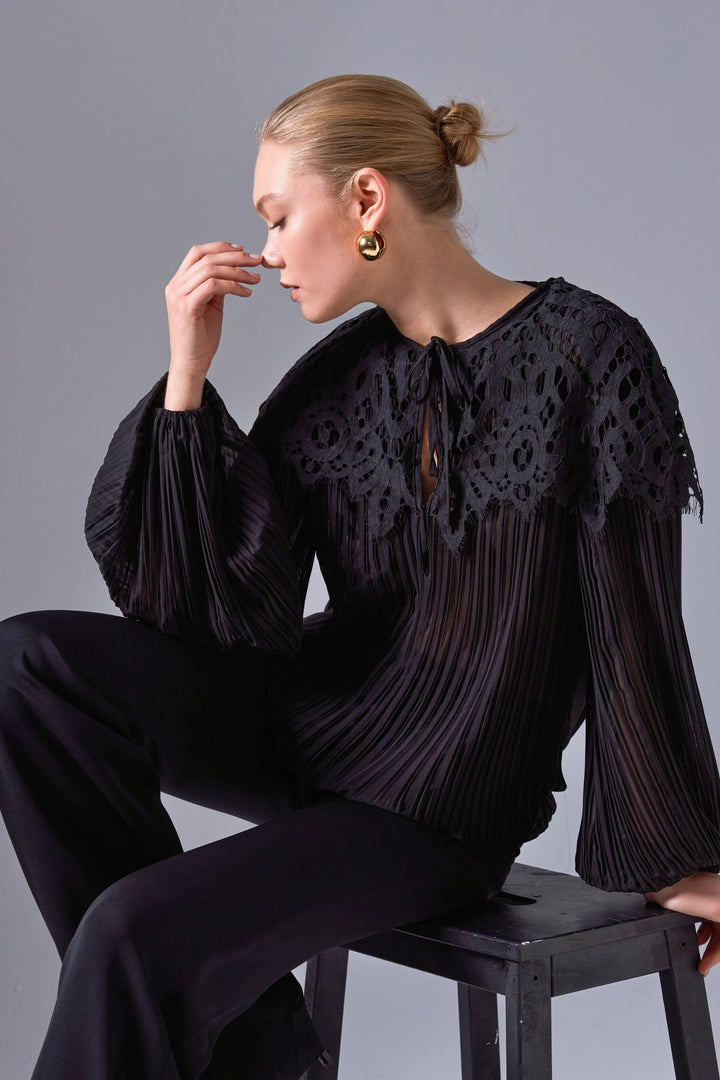 Pleated Blouse with Lace Detail