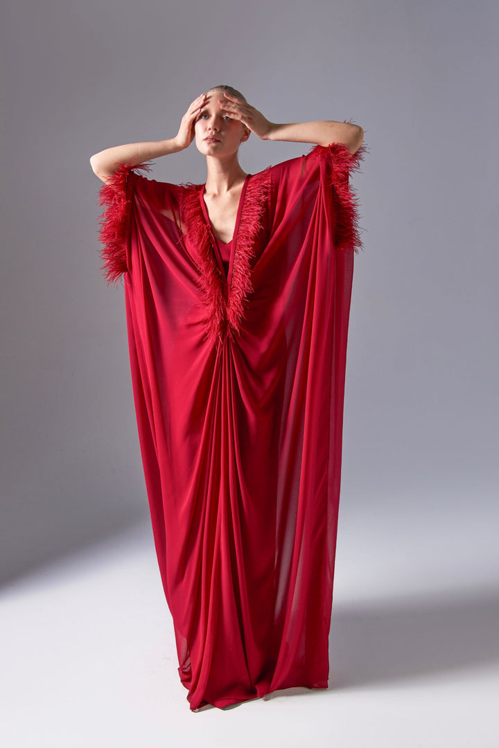 Strapless Form Dress with Chiffon Bat Sleeves