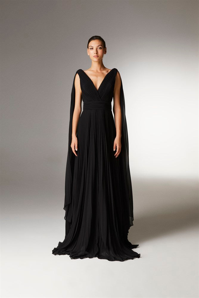 Pleated Silky Chiffon Dress With Cape Sleeves