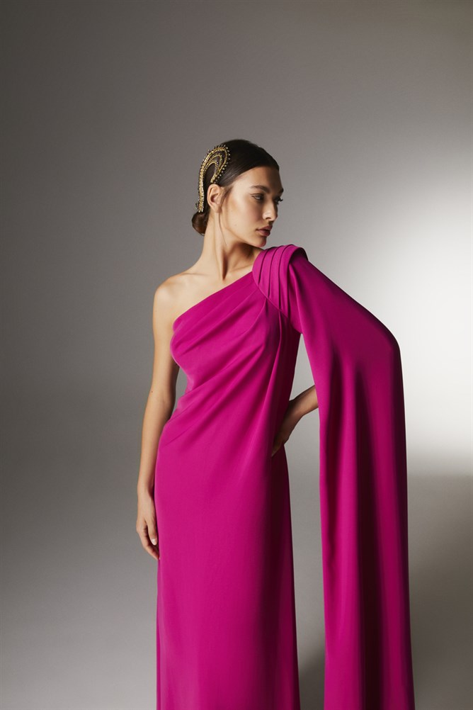 One Shoulder Asymetric Cape Sleeve Dress